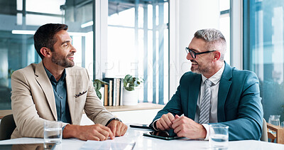 Buy stock photo Discussion, financial portfolio or happy business people in meeting for teamwork, investment profit or paperwork. Men, research or budget analyst with economist for audit feedback or planning project