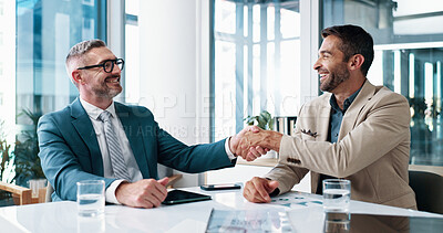 Buy stock photo Corporate, men and meeting with handshake in office for welcome, partnership and financial agreement. People, thank you and documents with investment deal, proposal negotiation and b2b of opportunity