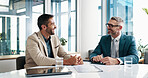 Corporate, meeting and men talk in office of financial planning, proposal ideas and company. People, discussion and documents with finance growth, investment report and feedback advice of opportunity