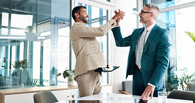 Buy stock photo Business, people and celebration with high five in office for funding approval, investment success and good news. Financial teamwork, men and happy with budget achievement, digital review and goals