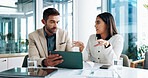 Corporate, people and meeting on tablet at office of planning, financial document and company growth. Staff, collaboration and paperwork of profit graph, investment report and feedback of opportunity