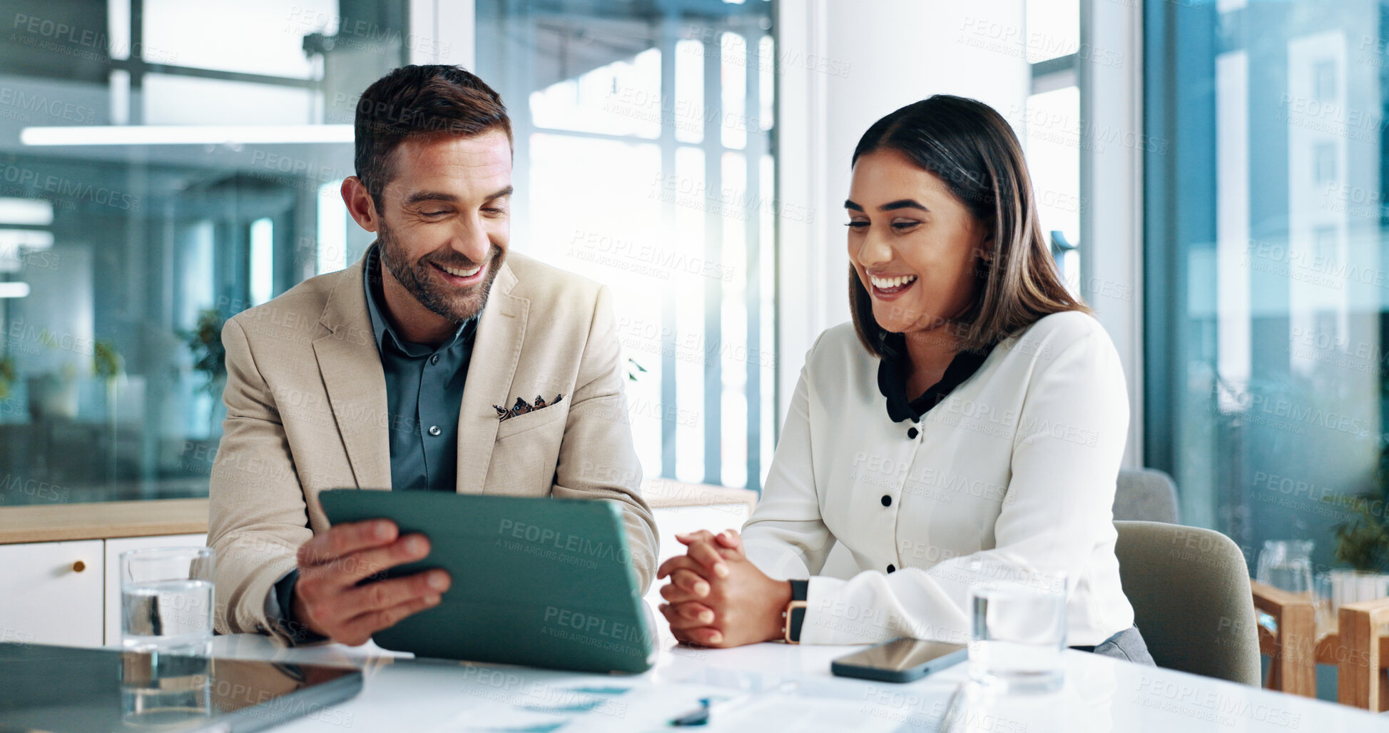 Buy stock photo Research, teamwork and people with tablet, business and review of ad campaign performance or media buyer. Collaboration, smile and tech for digital marketing in office, website and happy in meeting