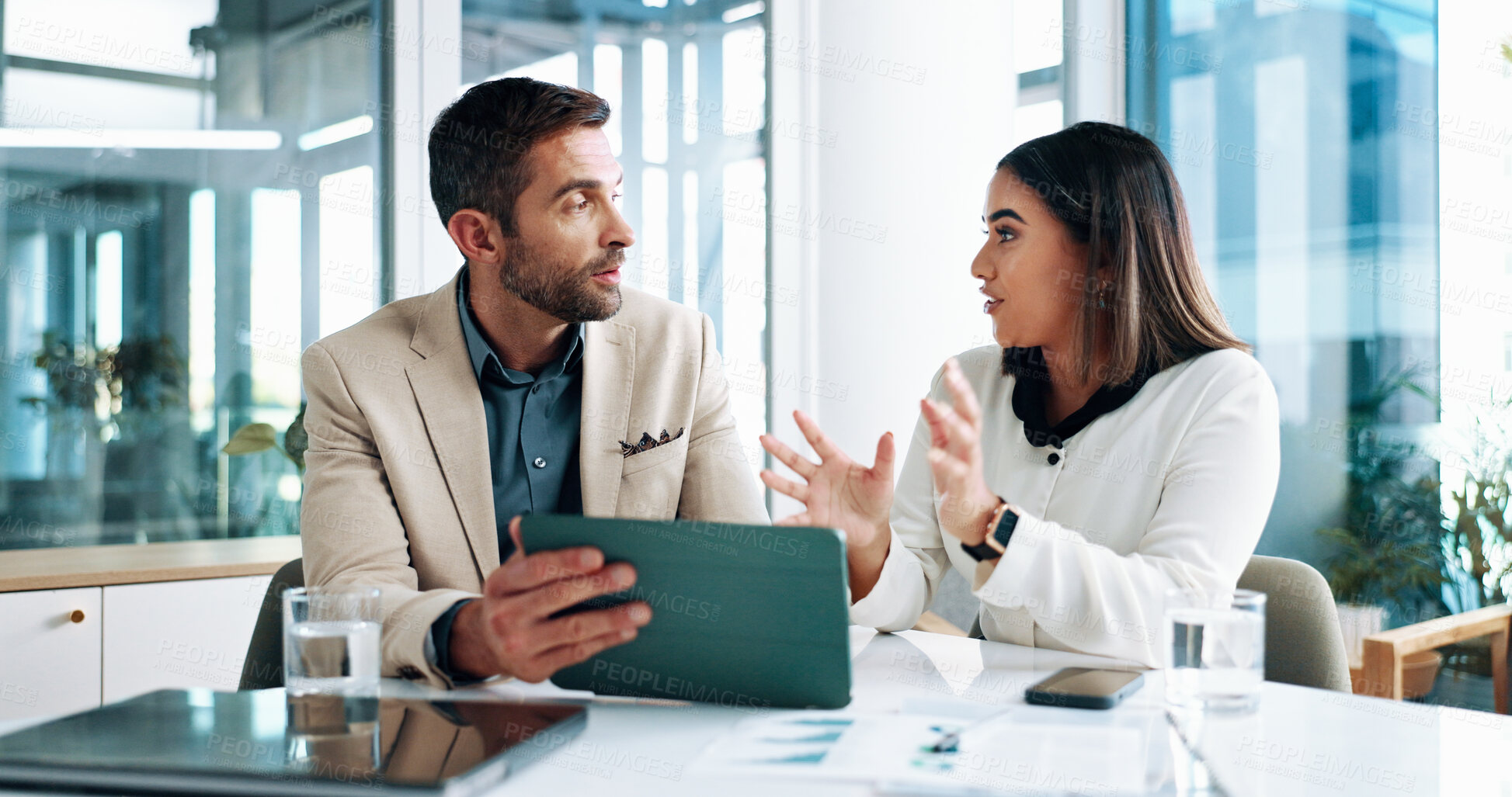 Buy stock photo Discussion, teamwork and people with tablet, business and review of ad campaign performance and media buyer. Collaboration, talk and tech for digital marketing in office, website or online in meeting