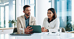 People, meeting and talk on tablet in office for planning, finance document and company growth. Staff, discussion and paperwork of online information, profit graph and investment report and feedback