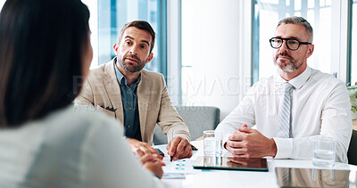 Buy stock photo Analyst, financial discussion or business people in meeting for teamwork, investment profit or paperwork. Negotiation, research or budget review with economist for audit feedback, planning or project