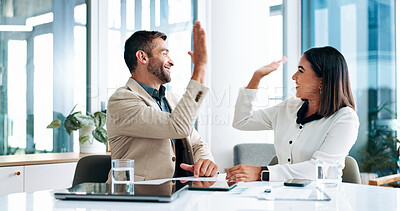 Buy stock photo High five, motivation and success with business people in office together for bonus, goals or target. Celebration, milestone or winner with man and woman employee in boardroom for deal or partnership