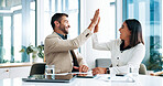High five, teamwork and people with smile, business and happy for ad campaign performance and media buyer. Celebration, success and achievement for digital marketing in office, gesture and excited
