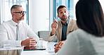 Analyst, budget discussion or business people in meeting for teamwork, investment profit or paperwork. Negotiation, research or financial review with economist for audit feedback, planning or project