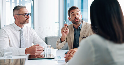 Buy stock photo Analyst, budget discussion or business people in meeting for teamwork, investment profit or paperwork. Negotiation, research or financial review with economist for audit feedback, planning or project