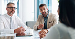 Report, budget discussion or business people in meeting for teamwork, investment profit or paperwork. Negotiation, review or financial analyst with economist for audit feedback, planning or project