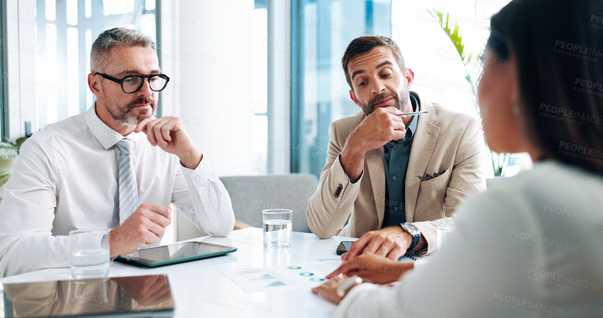 Buy stock photo Interview, discussion and business people in office for recruitment process with candidate. Questions, meeting and team of HR professionals with applicant for resume review for hiring or job search.