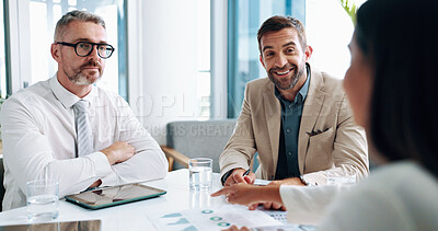 Buy stock photo Discussion, documents and business people in office with planning for company investment. Meeting, paperwork and team of financial advisors with profit, revenue or dividend chart for finance proposal