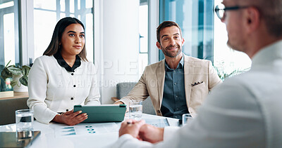 Buy stock photo Corporate, meeting and business people with tablet for project, collaboration and consulting. Office, professional and men and woman on digital tech for online research, proposal review and feedback