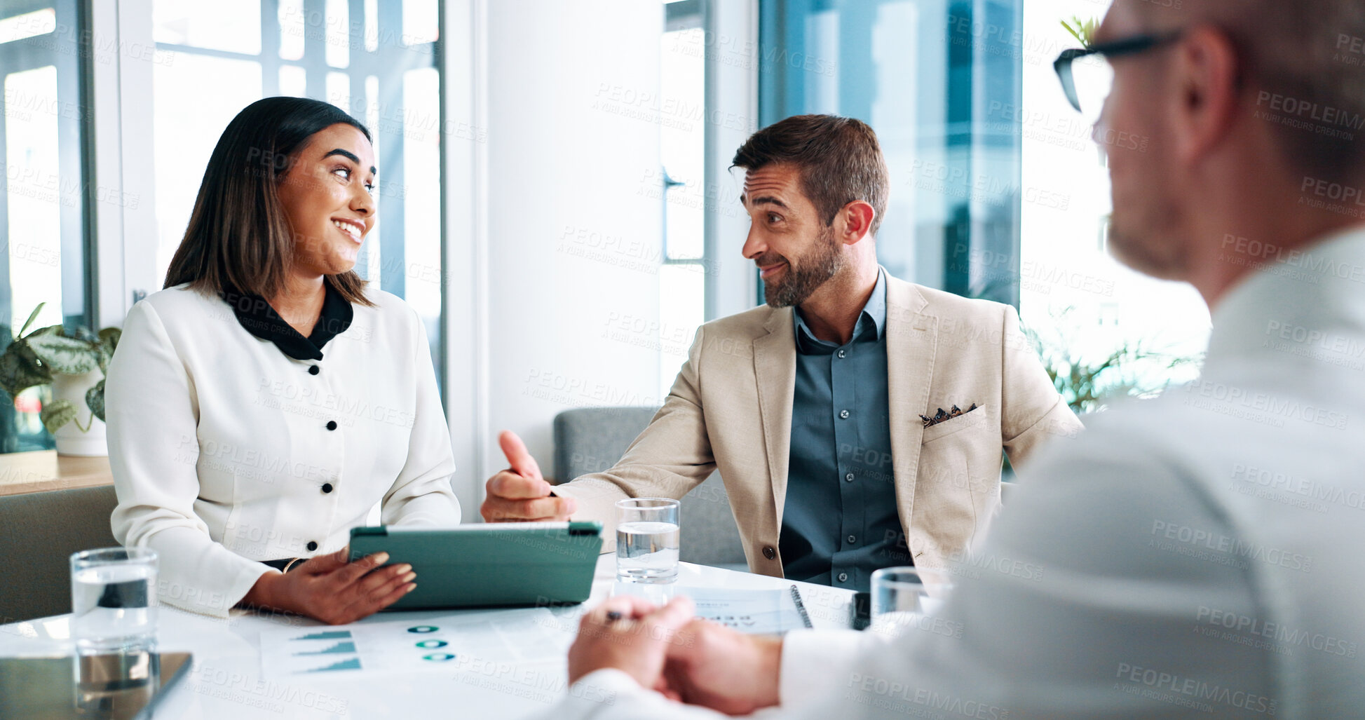 Buy stock photo Accounting, success and business people with tablet, feedback and manager for promotion discussion and graphs. Support, teamwork and document with meeting, growth strategy or project goal for finance