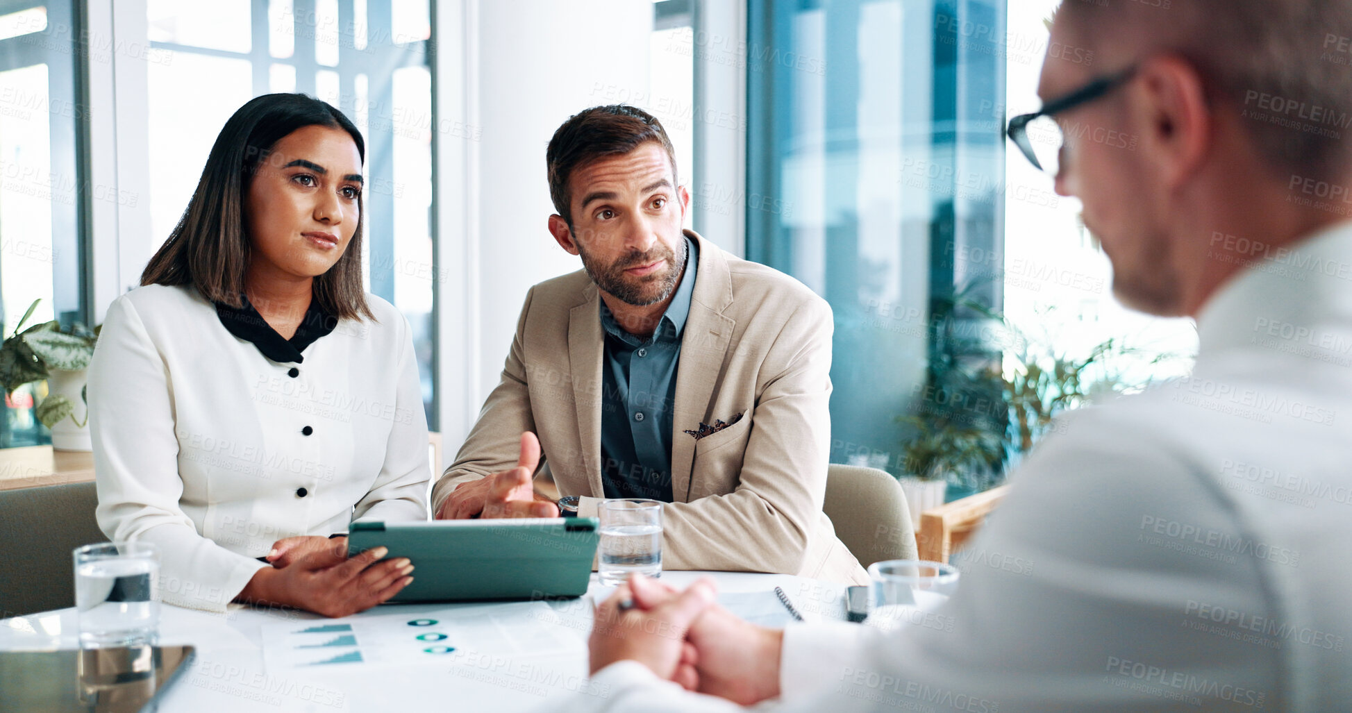 Buy stock photo Office, documents and business people in meeting on tablet for online project, statistics and report. Corporate, finance and men and woman on digital tech for research, proposal review and feedback