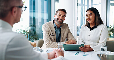 Buy stock photo Accounting, meeting and business people with tablet, feedback and manager for tablet discussion and graphs. Partnership, teamwork and talk with meeting, strategy report or project goal for finance