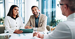 Meeting, paperwork and business people with tablet in office with planning for company investment. Discussion, documents and financial advisors with profit, revenue or dividend for finance proposal