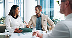 Tablet, documents and business people in meeting on tablet for online project, discussion and consulting. Corporate, finance report and men and women on digital tech for research, review and feedback