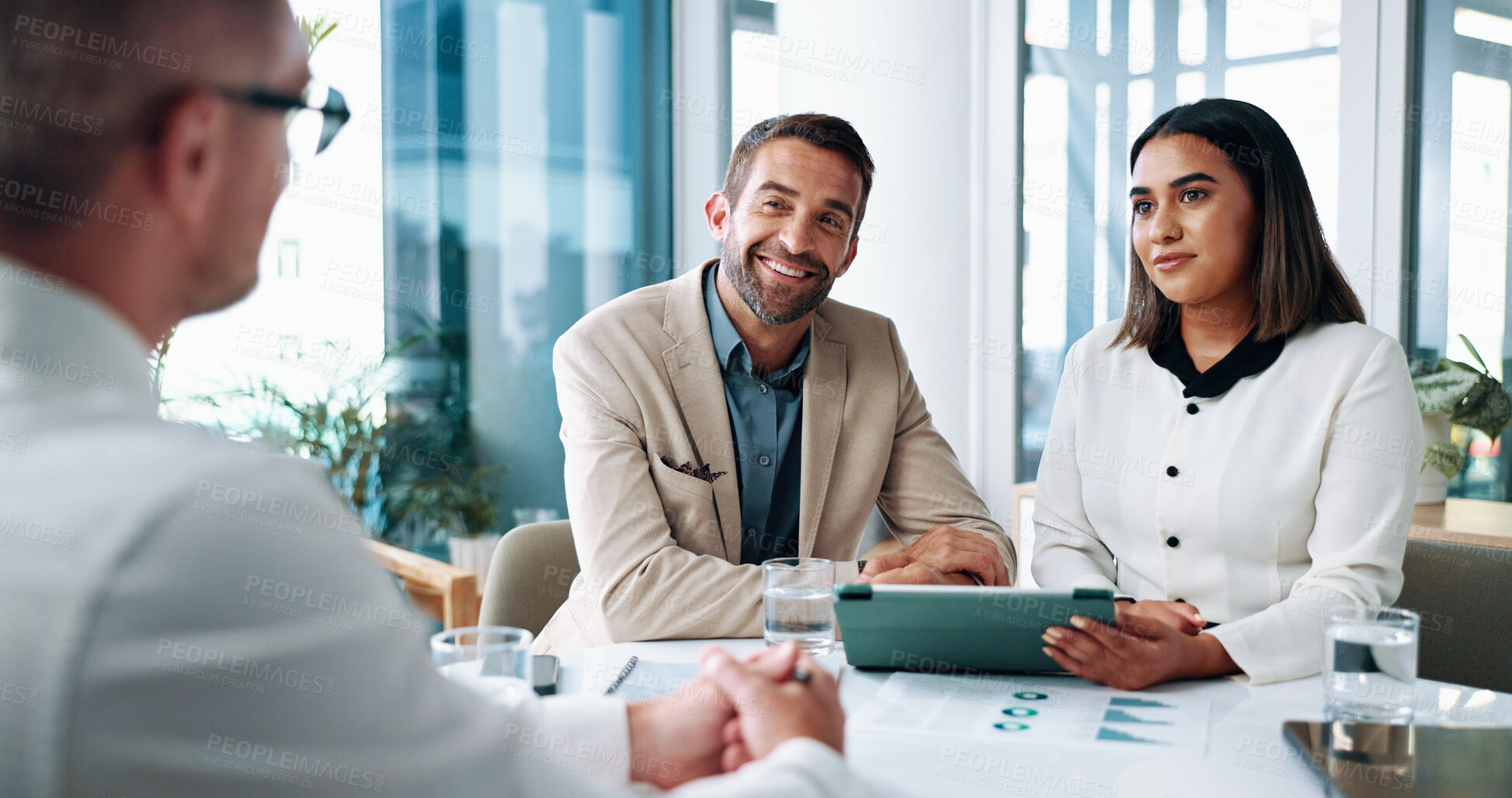 Buy stock photo Accounting, report and business people with tablet, feedback and manager for goals discussion and graphs. Partnership, teamwork and talk with meeting, growth strategy or project goal for finance