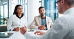 Office, manager and business people with documents in meeting for planning, report and proposal. Corporate, professional and men and women with paperwork for statistics, finance review and budget