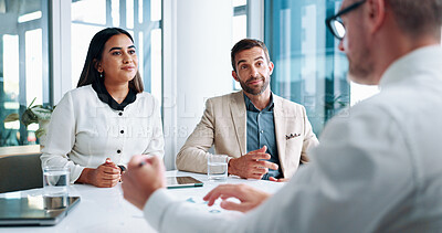 Buy stock photo Office, manager and business people in meeting for planning, discussion and proposal for project. Corporate, professional and men and women with paperwork for statistics, finance review and budget