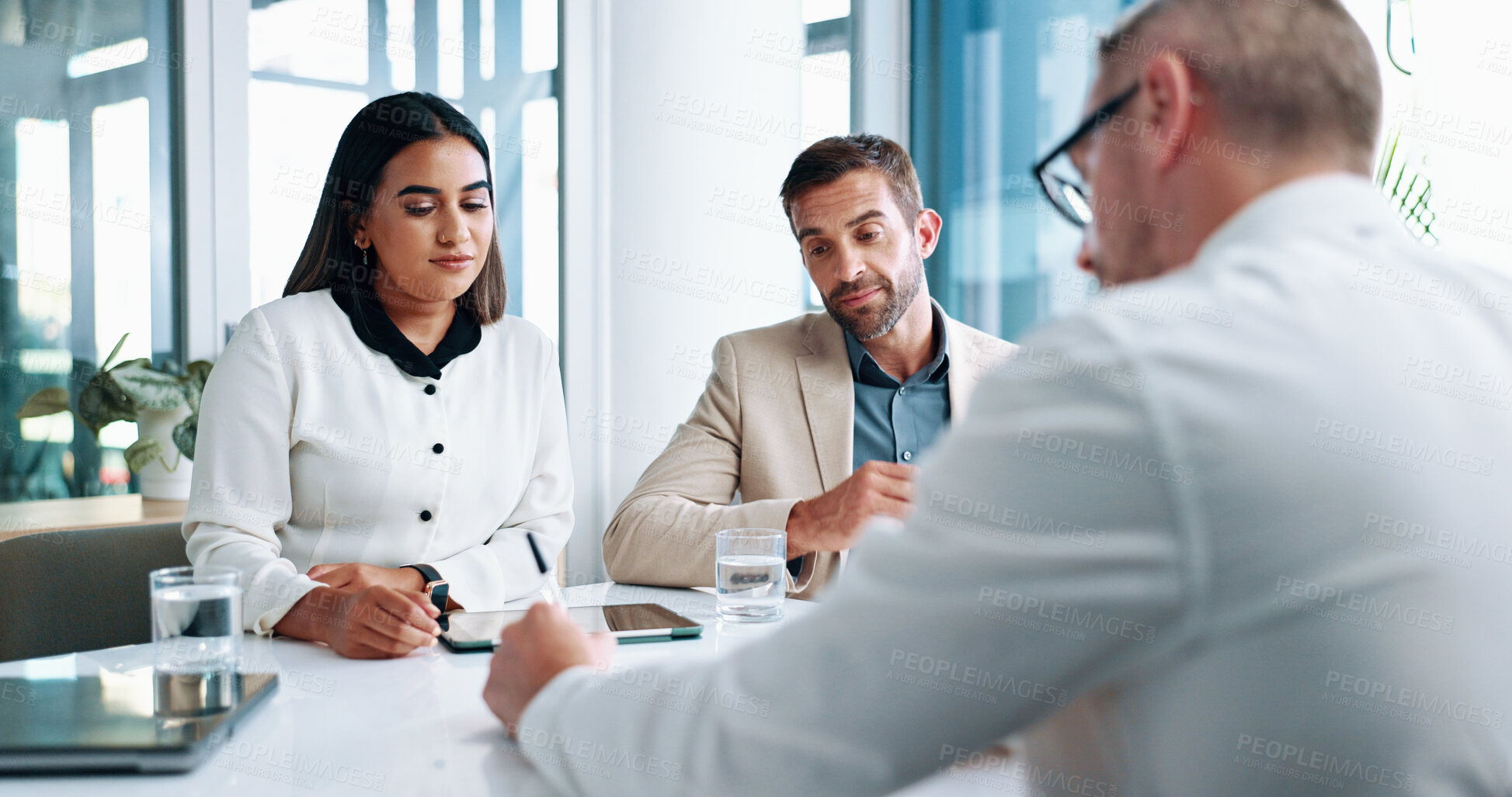 Buy stock photo Office, signature and business people in meeting on tablet for project, discussion and teamwork. Corporate, finance consultants and men and women on digital tech for research, review and feedback