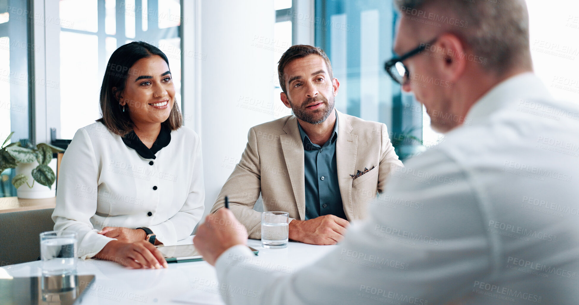 Buy stock photo Business, meeting and people talking in office of brainstorming, financial planning and company. Staff, discussion and documents for finance growth, investment report and feedback idea of opportunity