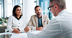 Business, meeting and people talking in office of brainstorming, financial planning and company. Staff, discussion and documents for finance growth, investment report and feedback idea of opportunity