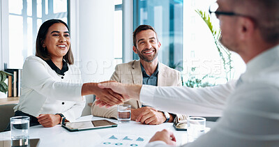 Buy stock photo Happy, business and people in meeting with handshake for welcome, partnership and financial agreement. Staff, thank you and documents with investment deal, proposal negotiation and b2b of opportunity