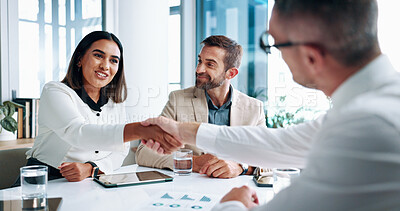 Buy stock photo Business people, meeting or shaking hands with finance report documents for b2b proposal. Analyst, graphs and staff in office for planning with handshake for merger, accounting team or profit growth
