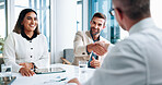 Business, people and meeting with handshake in office for welcome, partnership and financial agreement. Staff, thank you and documents for investment deal, proposal negotiation and b2b of opportunity