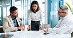 Finance, report and business people with tablet, feedback and manager for tablet discussion and graphs. Partnership, teamwork and talk with meeting, growth strategy or project goal for accounting