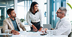 Talking, budget review or business people in meeting for teamwork, investment profit or paperwork. Manager, documents or financial analyst with economist for feedback, revenue or planning project