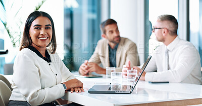 Buy stock photo Portrait, meeting or businesswoman on laptop in boardroom for feedback, financial planning or company. People, discussion and finance advisor for revenue growth, investment report or corporate review