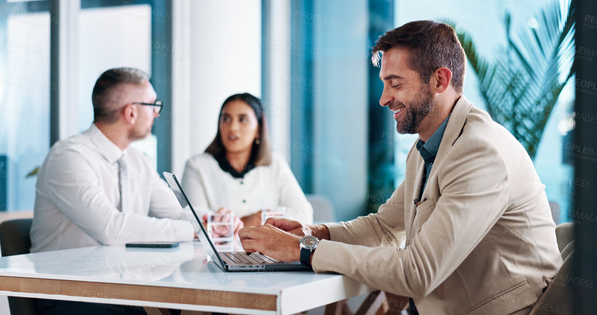 Buy stock photo Typing, meeting and businessman in office with laptop for budget planning with team. Brainstorming, accounting and financial advisor with economic strategy for company, investment or profit growth