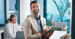 Meeting, businessman and portrait with tablet in office, financial report or review for corporate firm. Service, male person and consultant with tech for investment research, typing or online for faq