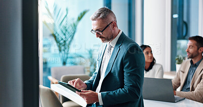 Buy stock photo Mature business man, office and tablet for financial email, investment update or coworking. Digital technology, corporate and reading online for share price, trading information or scroll for review
