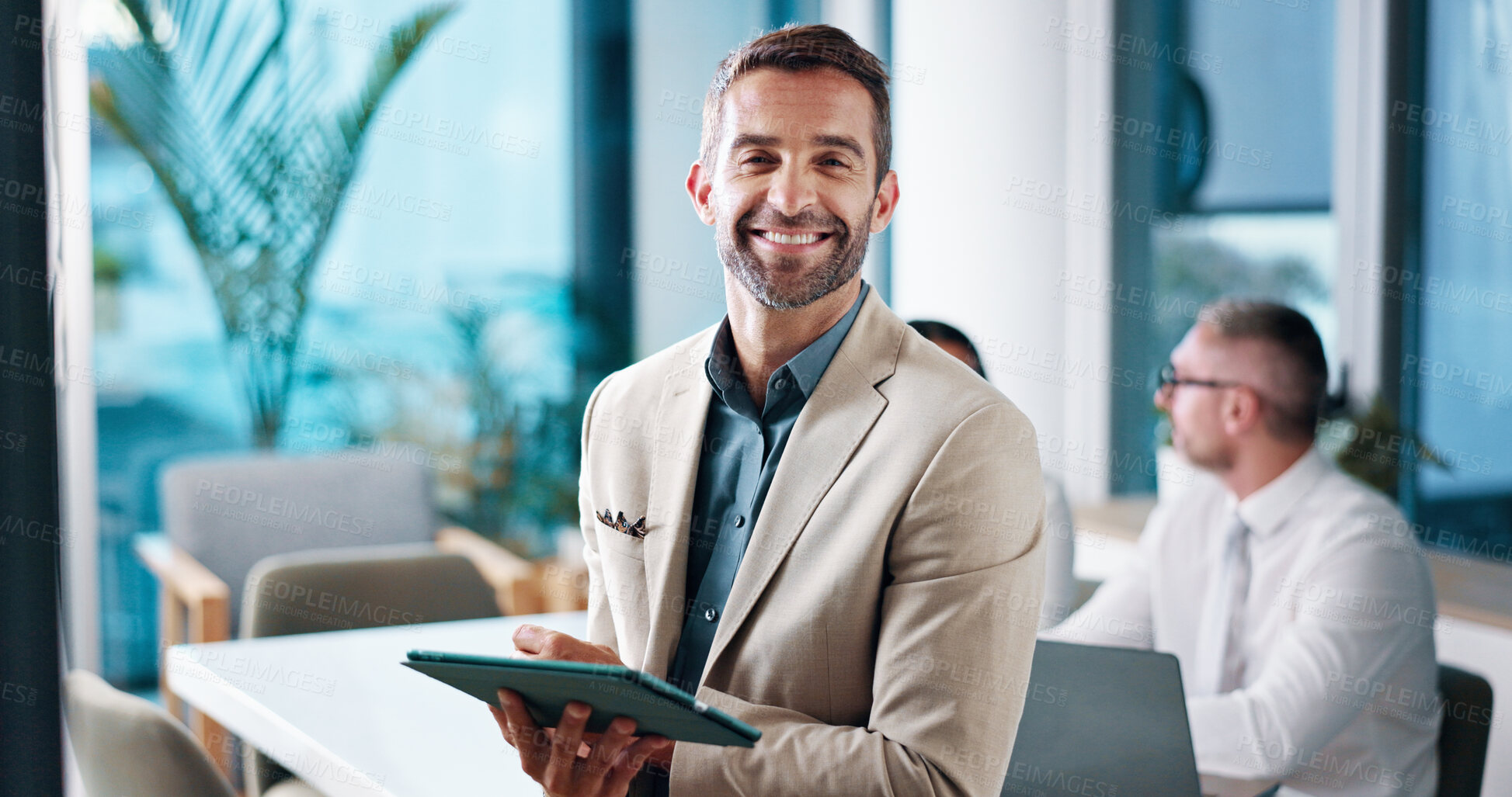 Buy stock photo Portrait, meeting and businessman with tablet for budget planning with team in office. Brainstorming, accounting and financial advisor with economic strategy for company, investment or profit