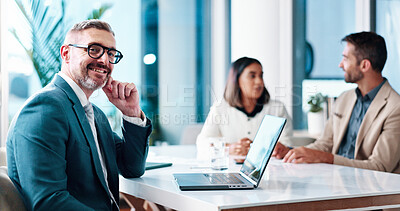 Buy stock photo Portrait, meeting or mature businessman in boardroom for feedback, financial planning or company. People, laptop and happy finance advisor for revenue growth, investment report or corporate review