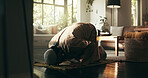 Muslim, prayer and floor with man at home for gratitude, ramadan kareem and worship. Spiritual, peace and Islamic with person and dua in living room of apartment for eid Mubarak, Allah and religion