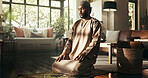 Islam, worship and spiritual with man at home for ramadan kareem, religion or prayer. Floor, faith and eid Mubarak with Muslim person and salah in living room for gratitude, Allah or tahiyat pointing