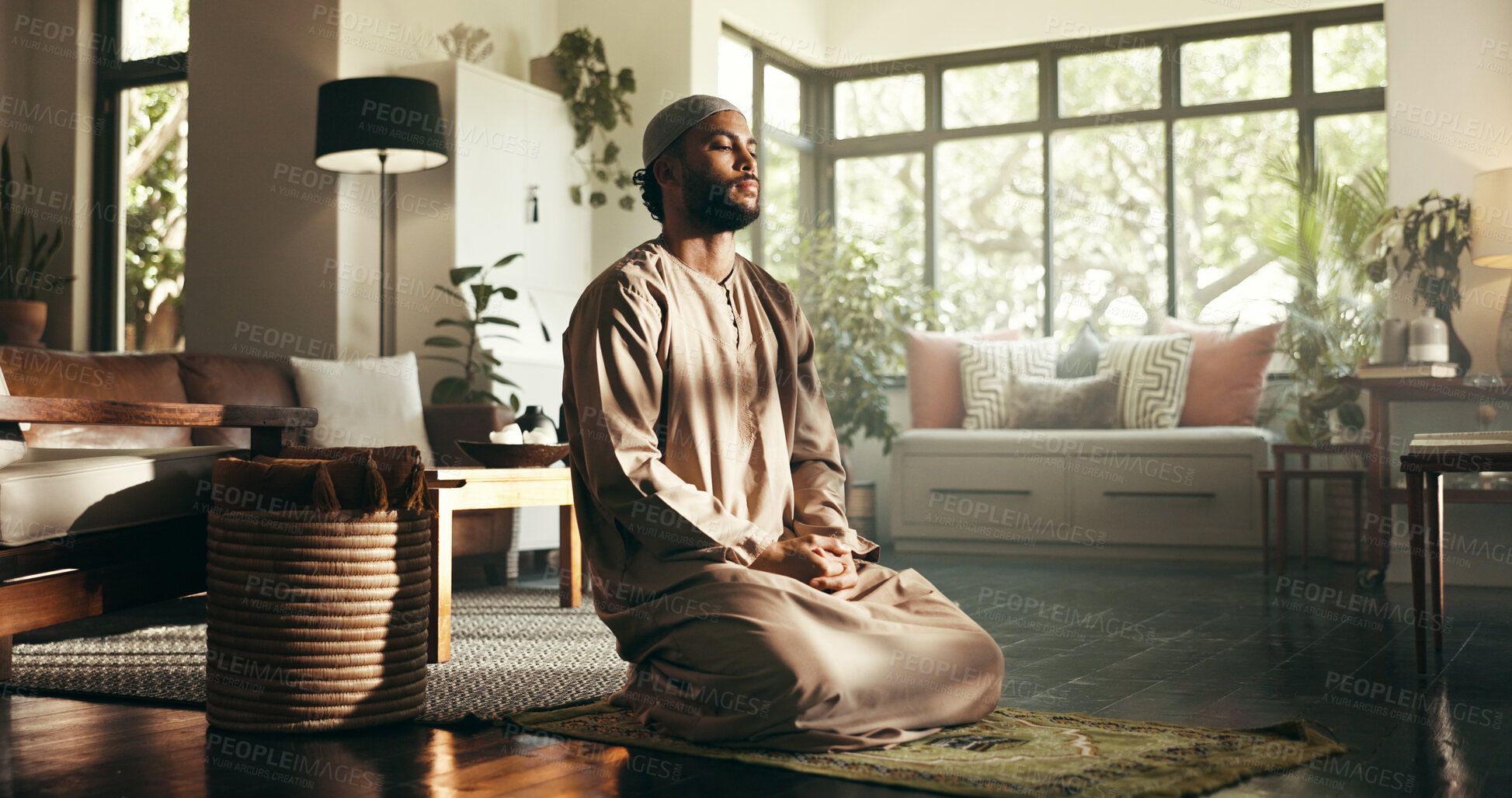 Buy stock photo Man, Islamic religion and mat in home with worship for ramadan, Muslim or relationship with Allah. Person, morning and pray for guide, faith and blessing with God for fasting, dua and praise in house