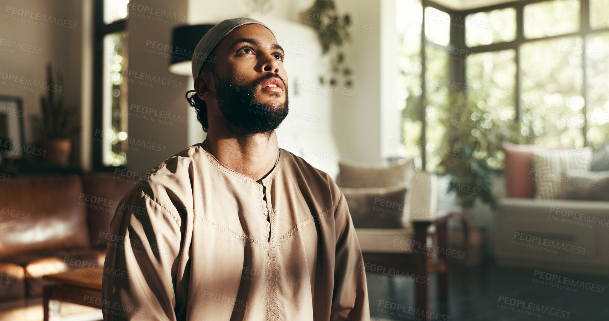 Buy stock photo Islam, prayer and hope with man in home for ramadan kareem, spiritual and worship. Religion, faith and eid Mubarak with Muslim person and salah in living room for holy month, Allah praise and dua