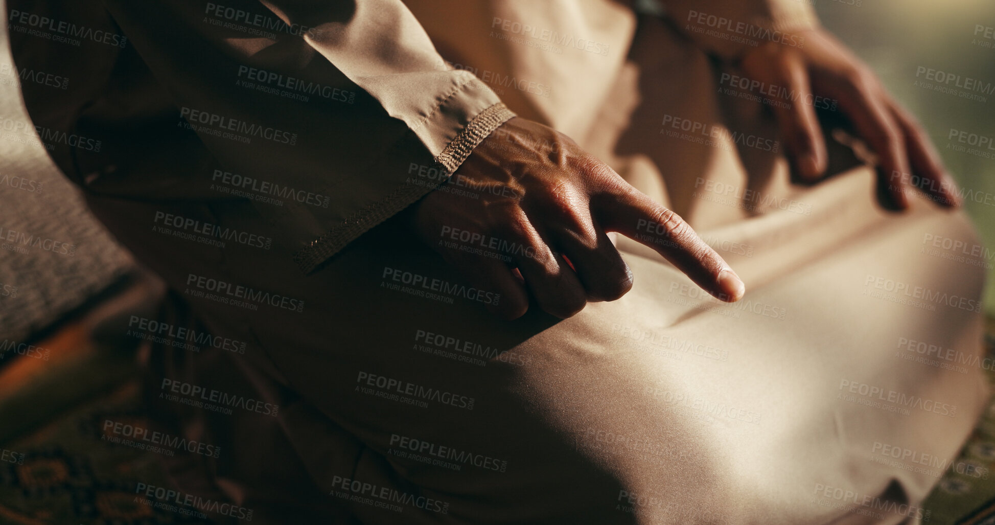 Buy stock photo Islamic, faith and hand with prayer in mosque for religious worship, remembrance and Ramadan meditation. Muslim, person and salah on mat in holy for dua blessing, gratitude and praise to Allah