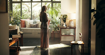 Buy stock photo Islamic, prayer and faith with woman at home for gratitude, ramadan kareem and worship. Spiritual, peace and muslim with person and dua in living room of apartment for eid Mubarak, Allah and religion