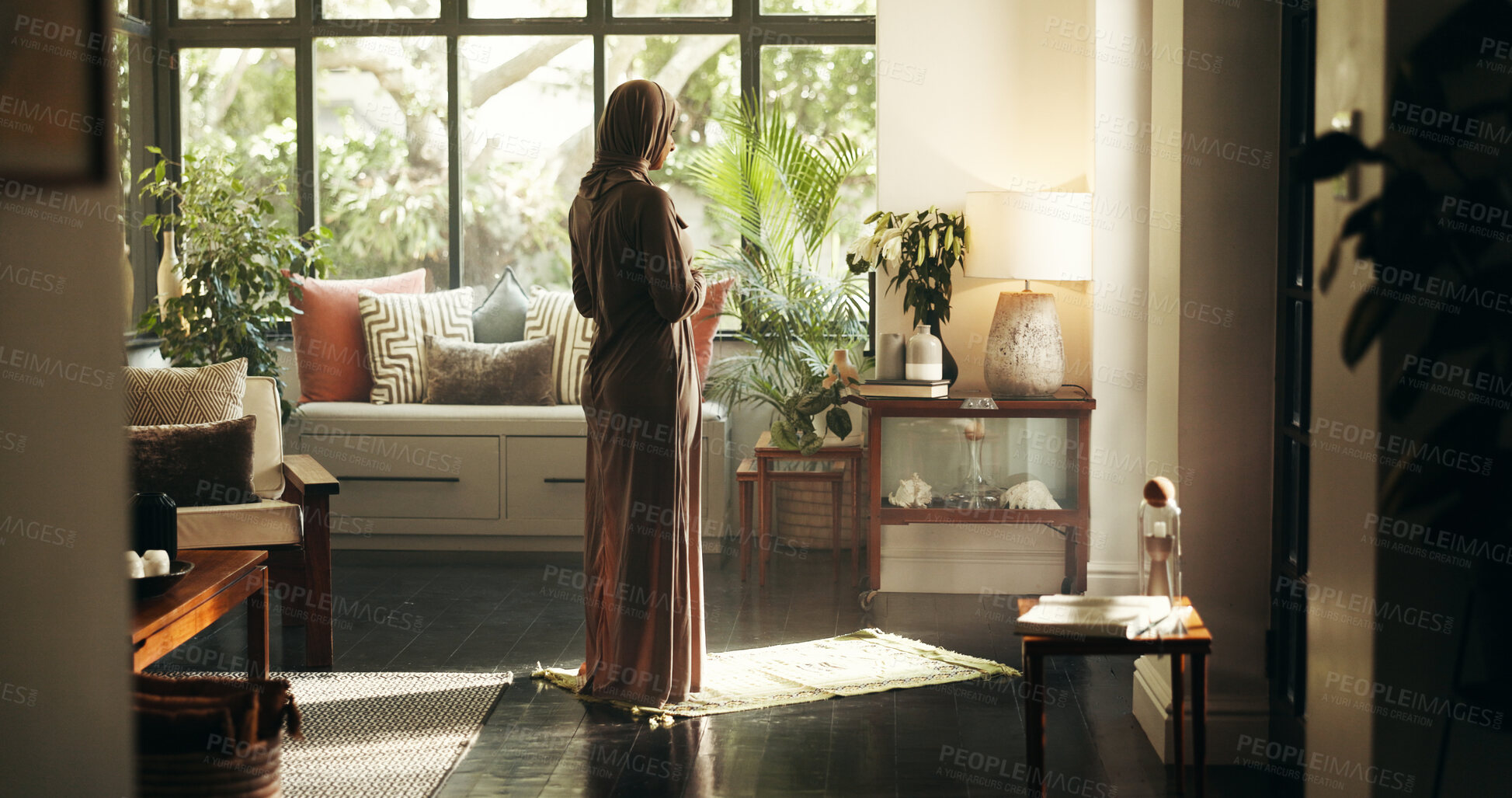 Buy stock photo Islamic, prayer and faith with woman at home for gratitude, ramadan kareem and worship. Spiritual, peace and muslim with person and dua in living room of apartment for eid Mubarak, Allah and religion