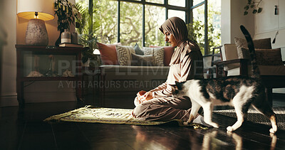 Buy stock photo Muslim, prayer and worship with woman at home for gratitude, ramadan kareem and religion. Spiritual, peace and Islamic with person and dua in living room of apartment for eid Mubarak, Allah and faith