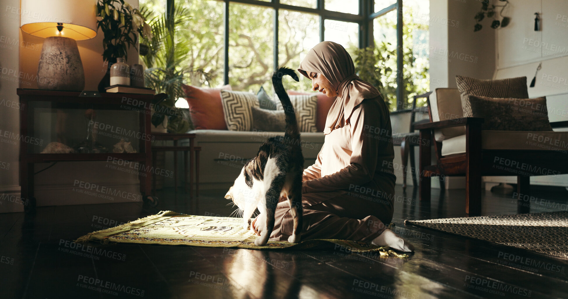 Buy stock photo Muslim, prayer and cat with woman on floor for gratitude, ramadan kareem and religion. Spiritual, peace and Islamic with person and pet in living room of home for eid Mubarak, Allah and faith