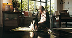 Muslim woman, prayer mat and floor in home, Islam or pet cat with worship for Allah in morning. Person, hijab and back for Ramadan, mat and religion with God for fasting, dua and profile at apartment