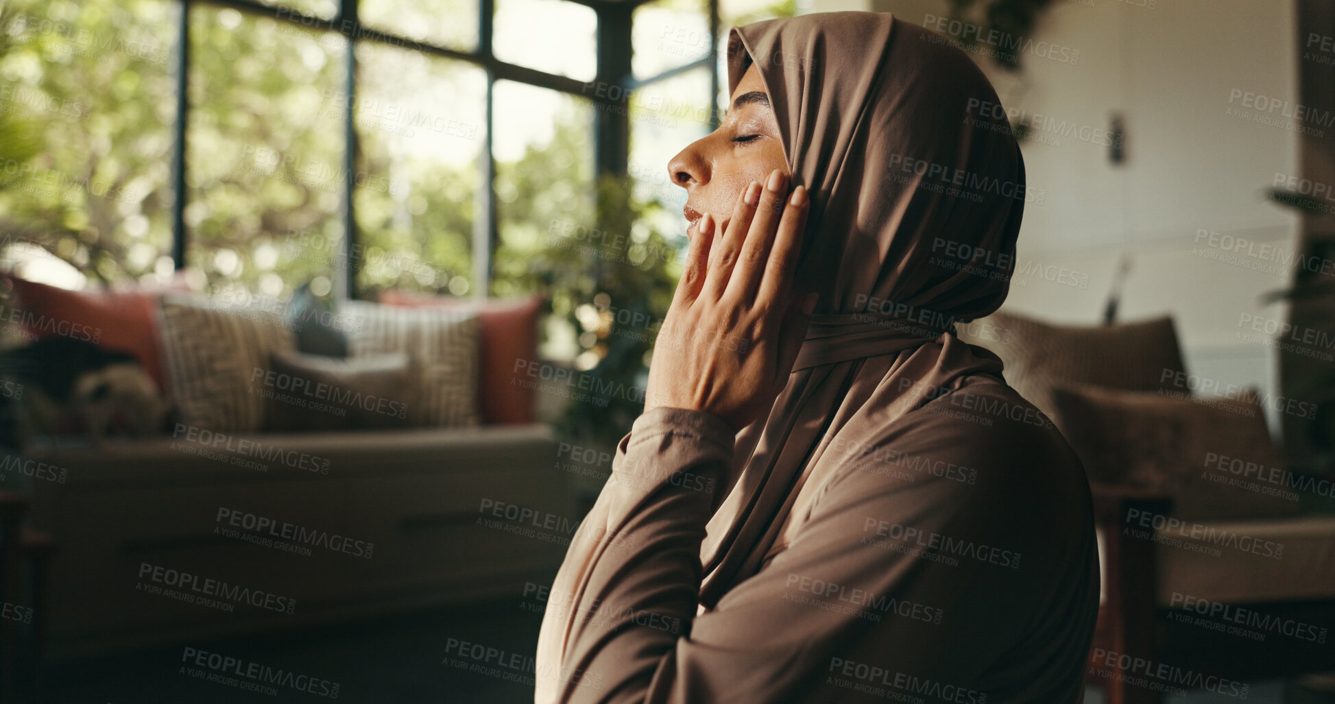 Buy stock photo Muslim, woman and praying with dua at house of spiritual worship, religion belief and praise to Allah. Person, guidance and fasting for Ramadan tradition, holy devotion and gratitude of Islam culture
